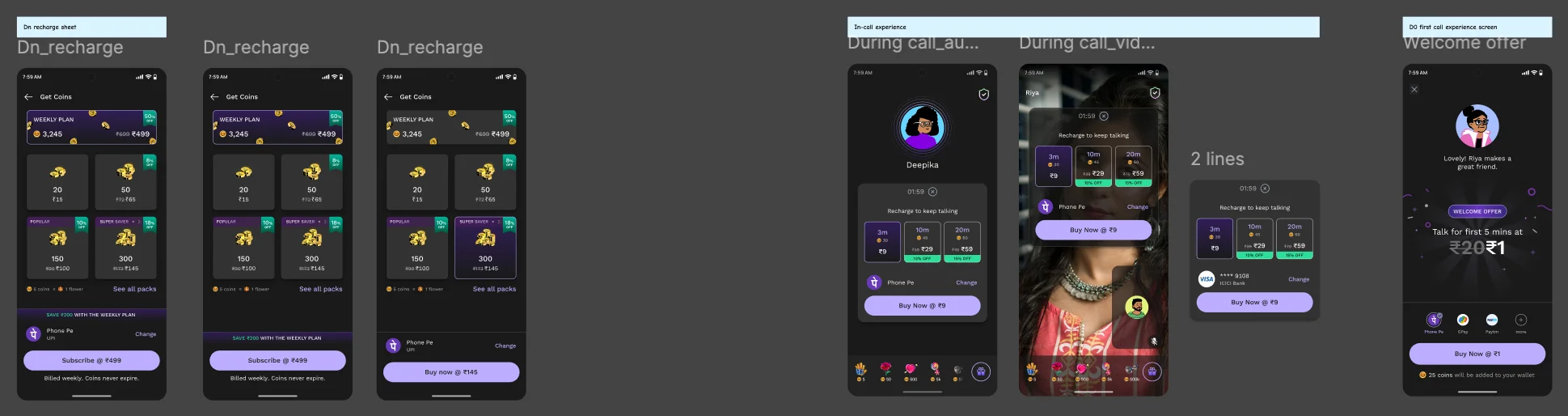 Recharge overlay live during an audio or video call, 3, 10, and 20 minute options, PhonePe pre-selected, plus a welcome offer screen showing first 5 minutes at ₹1 instead of ₹20