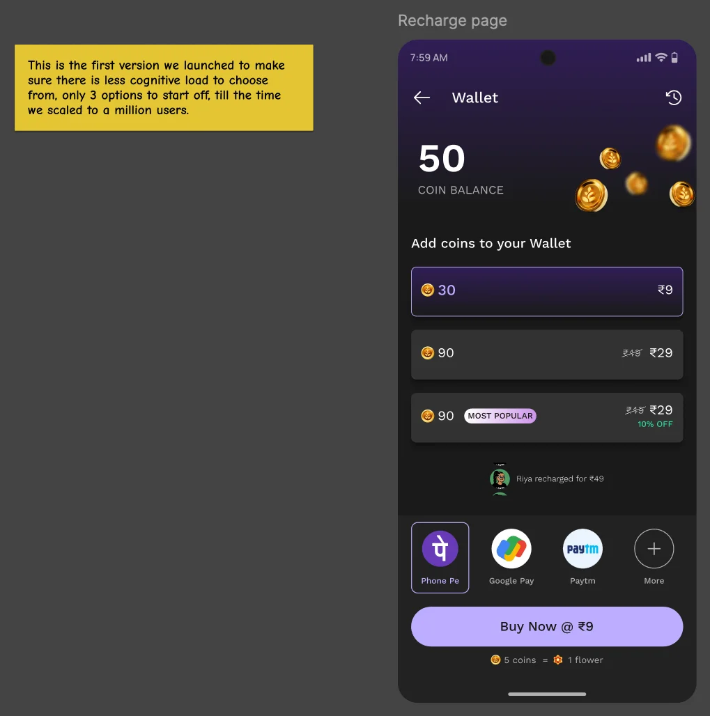 First recharge wallet version: only 3 coin packs shown, PhonePe, Google Pay and Paytm as quick options below