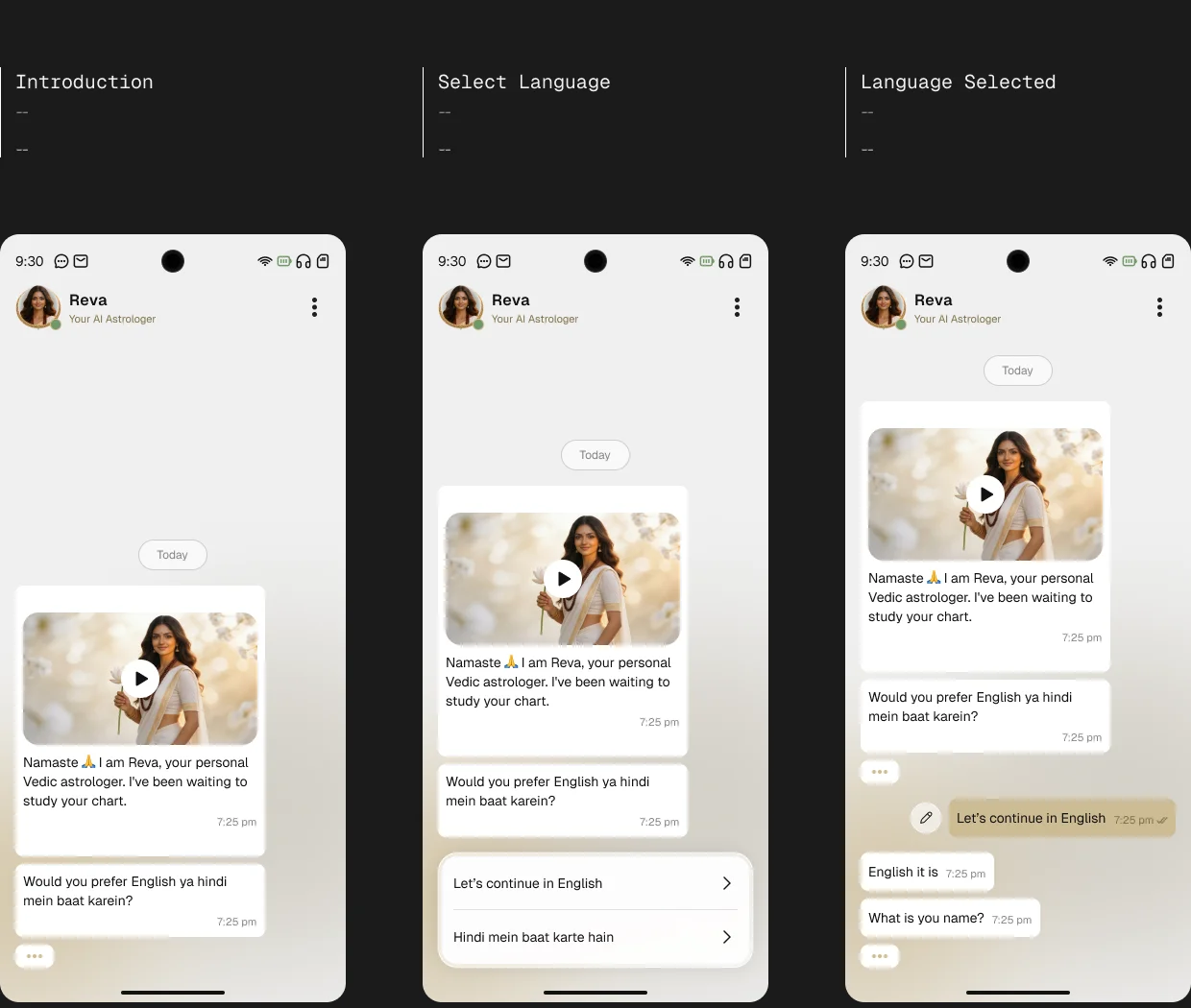 Reva onboarding — the whole intro happens as chat bubbles, no forms