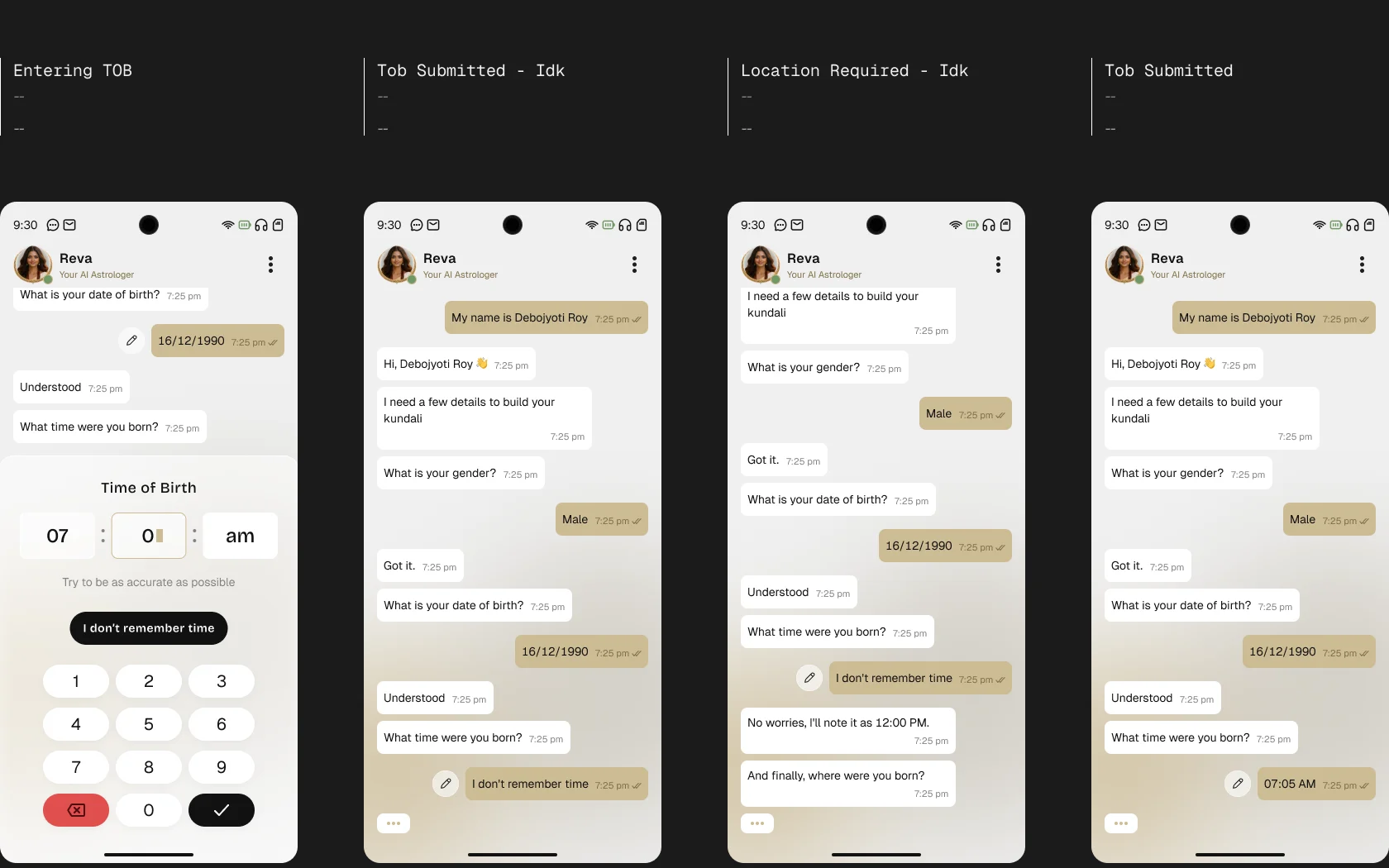 Birth time fallback — when a user taps 'I don't remember time,' Reva notes a default and moves on instead of blocking
